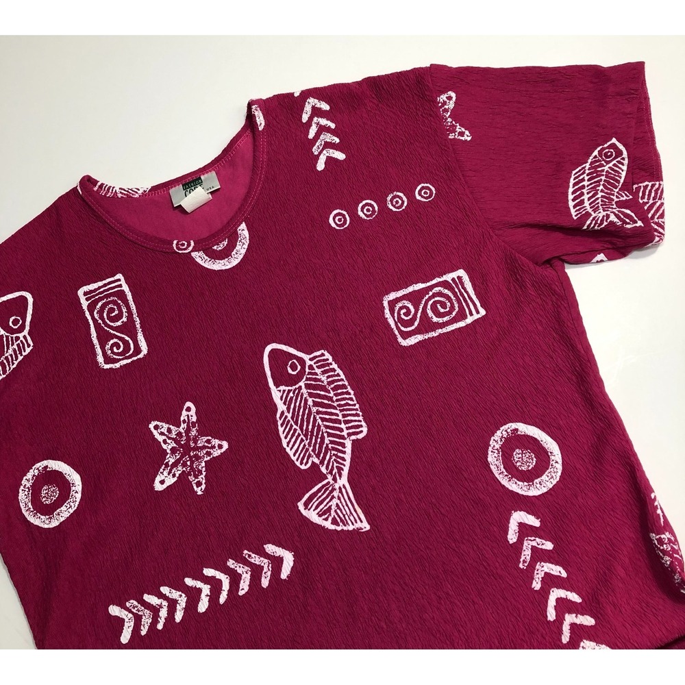 Fashion Code Blouse Womens Size One Pink White Fish Short Sleeve Top USA Vintage